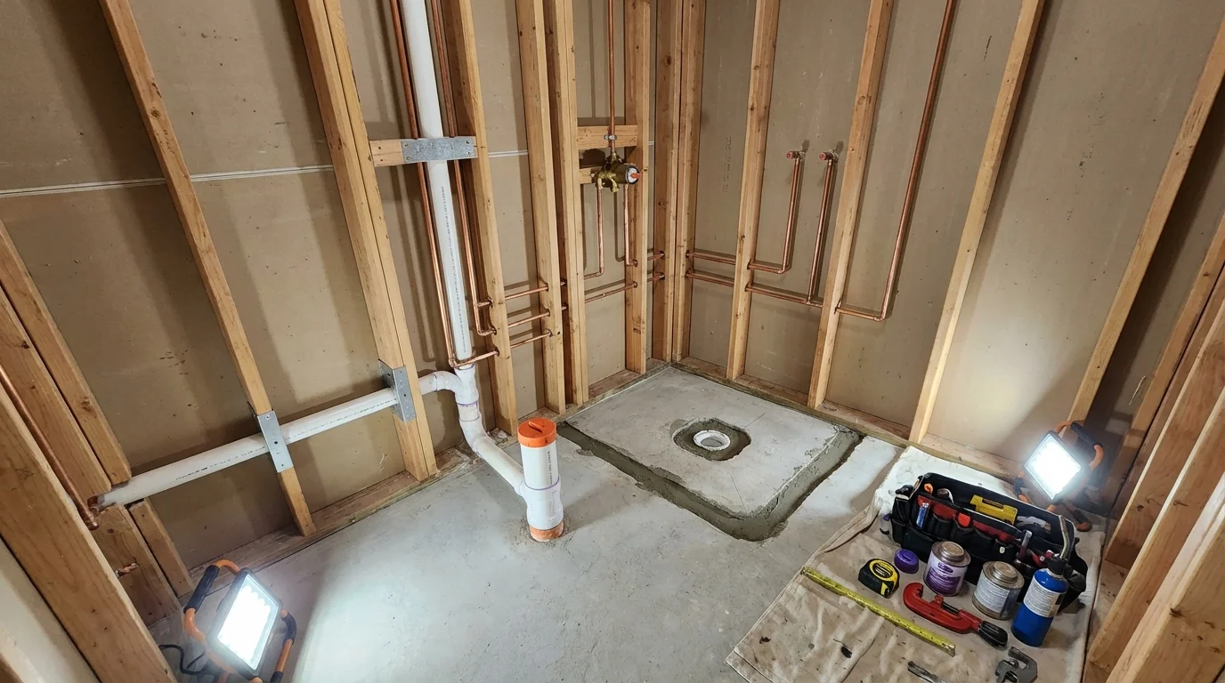 Bathroom rough-in plumbing during remodel by Johns Plumbing LLC in West Covina