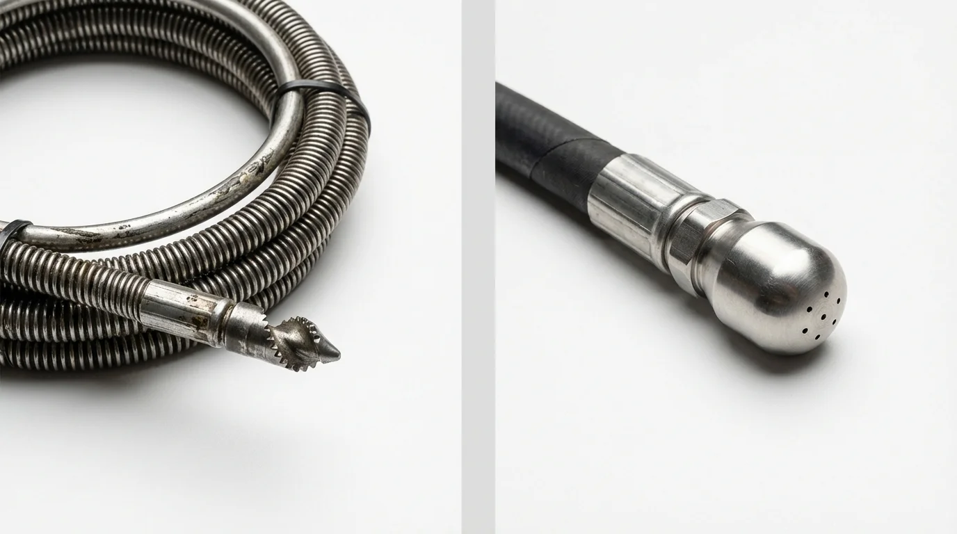 Drain snake cable and hydro jetting nozzle used for drain cleaning in West Covina, CA