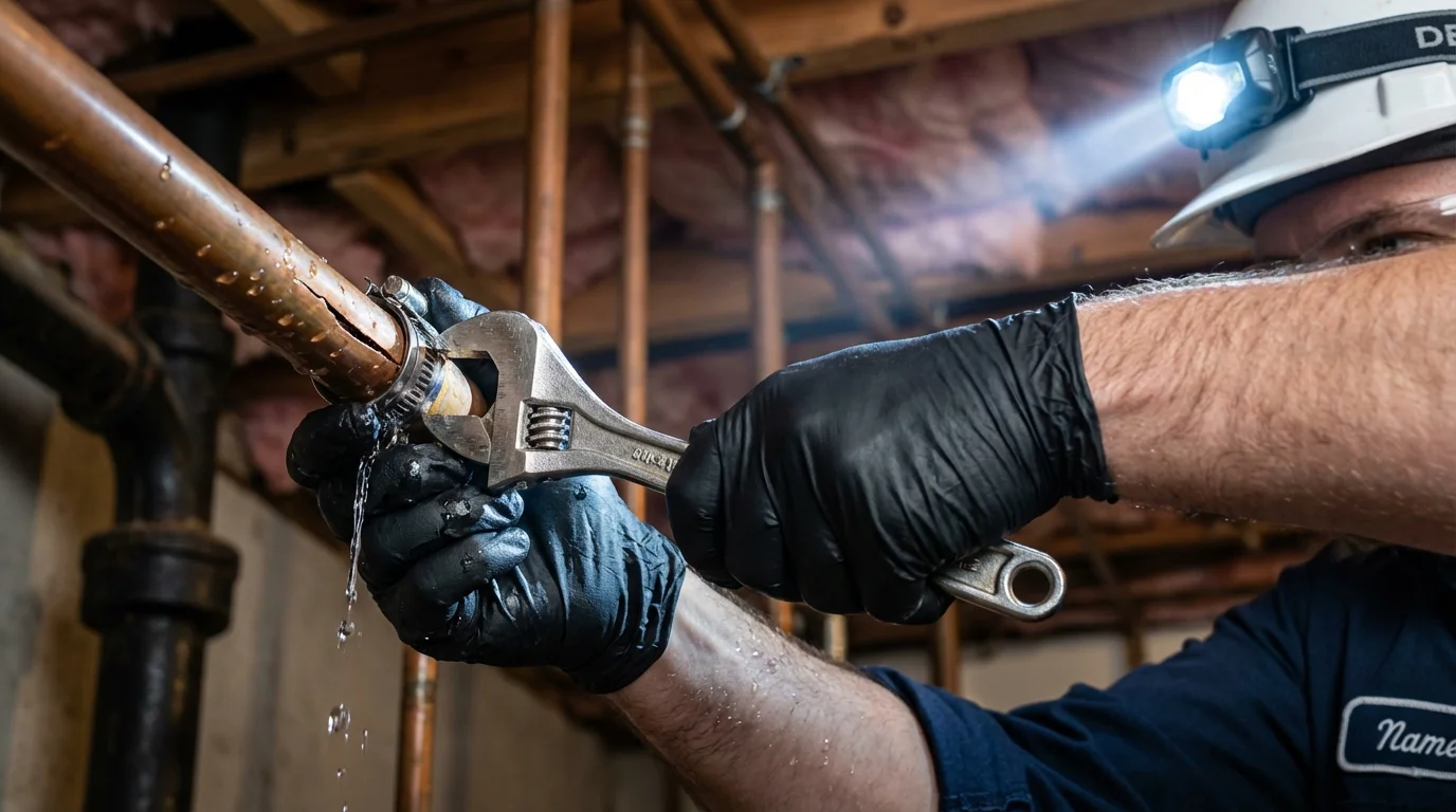 Emergency pipe clamp repair being performed by a Johns Plumbing LLC plumber in West Covina
