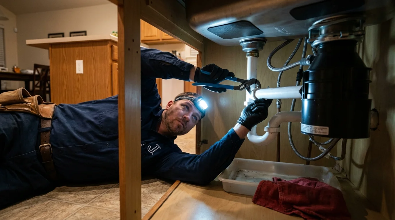 P-trap and supply line connections under a kitchen sink showing a common leak point in West Covina, CA